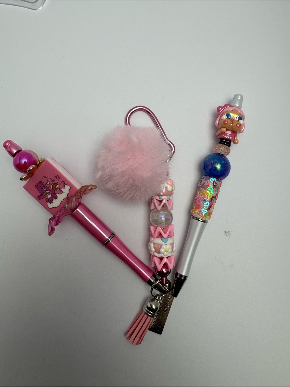 Pink Pom-Pom Bead Charm Keychain Pens - Cute Character Set
